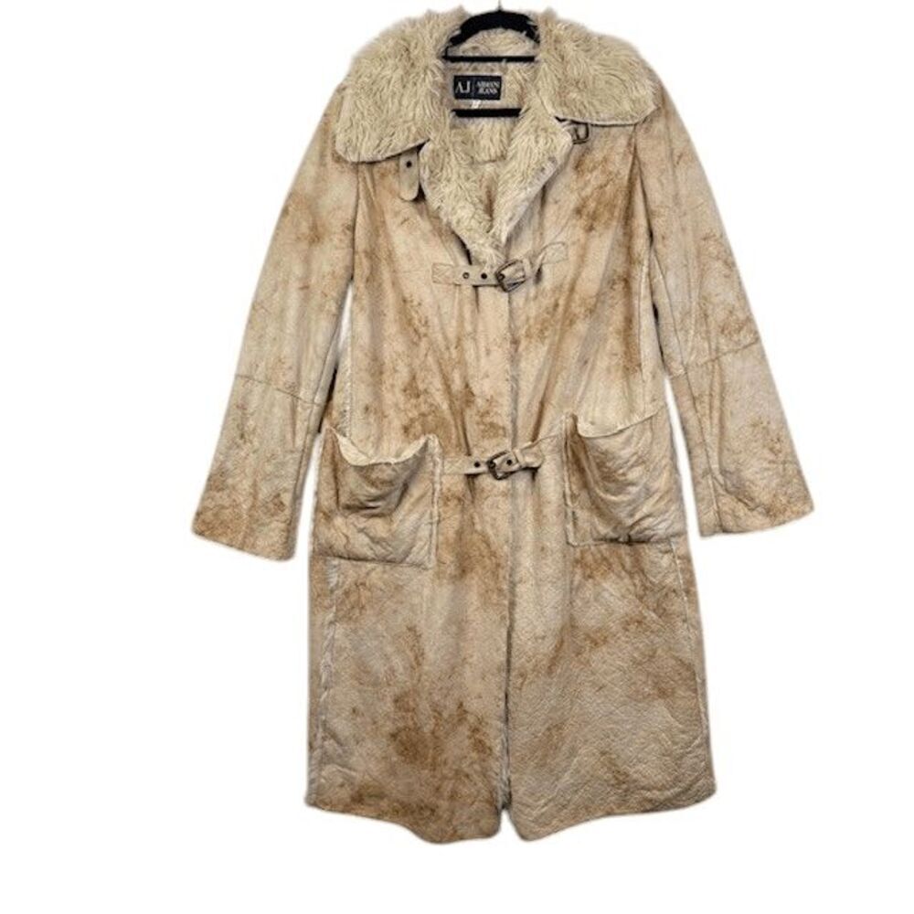 Armani Jeans Y2K Faux Suede Faux Fur‎ Midi Jacket Long Coat Parka Tan Size 10
